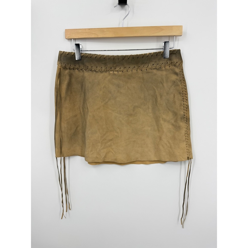 Guess USA Suede Fringe Mini‎ Skirt Womens 27 Tan Brown Whipstitch Western Boho